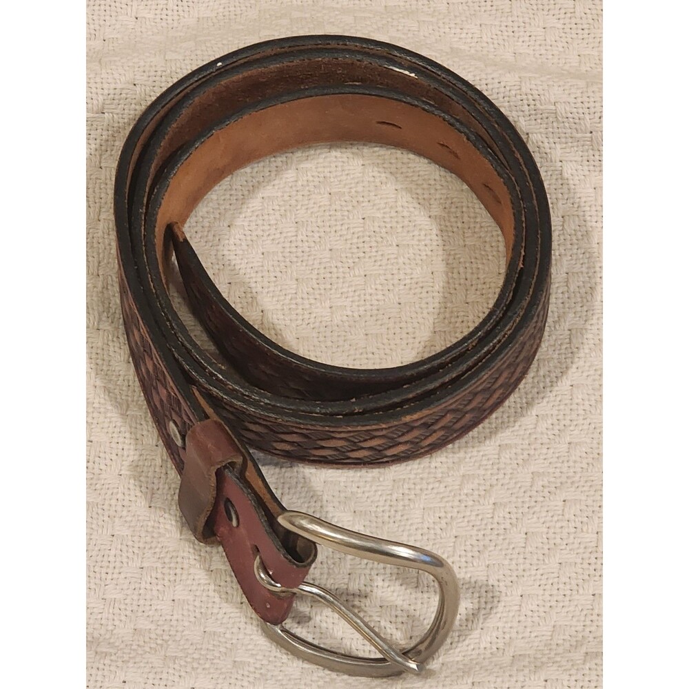Brown Leather Belt Basket Weave Pattern Silver Buckle Good Usable Men 37"  1.5"W